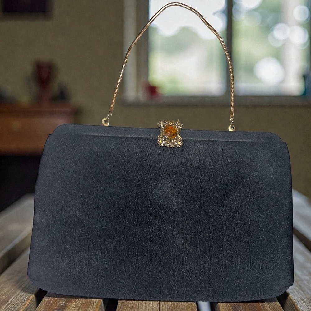 Gorgeous Little Vintage Black Evening Bag with Amber Colored Stone Clasp